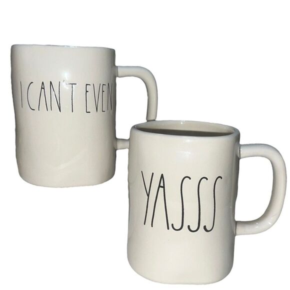 Rae Dunn I Can't Even & Yass White Ceramic Coffee Mug Set‎ Black Letters Artisan - Picture 1 of 6